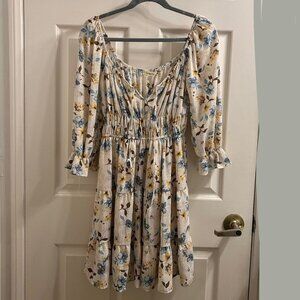 Floral Print Dress - Elastic Neckline, Elastic Waist, Ruffle Cuffs - Size M